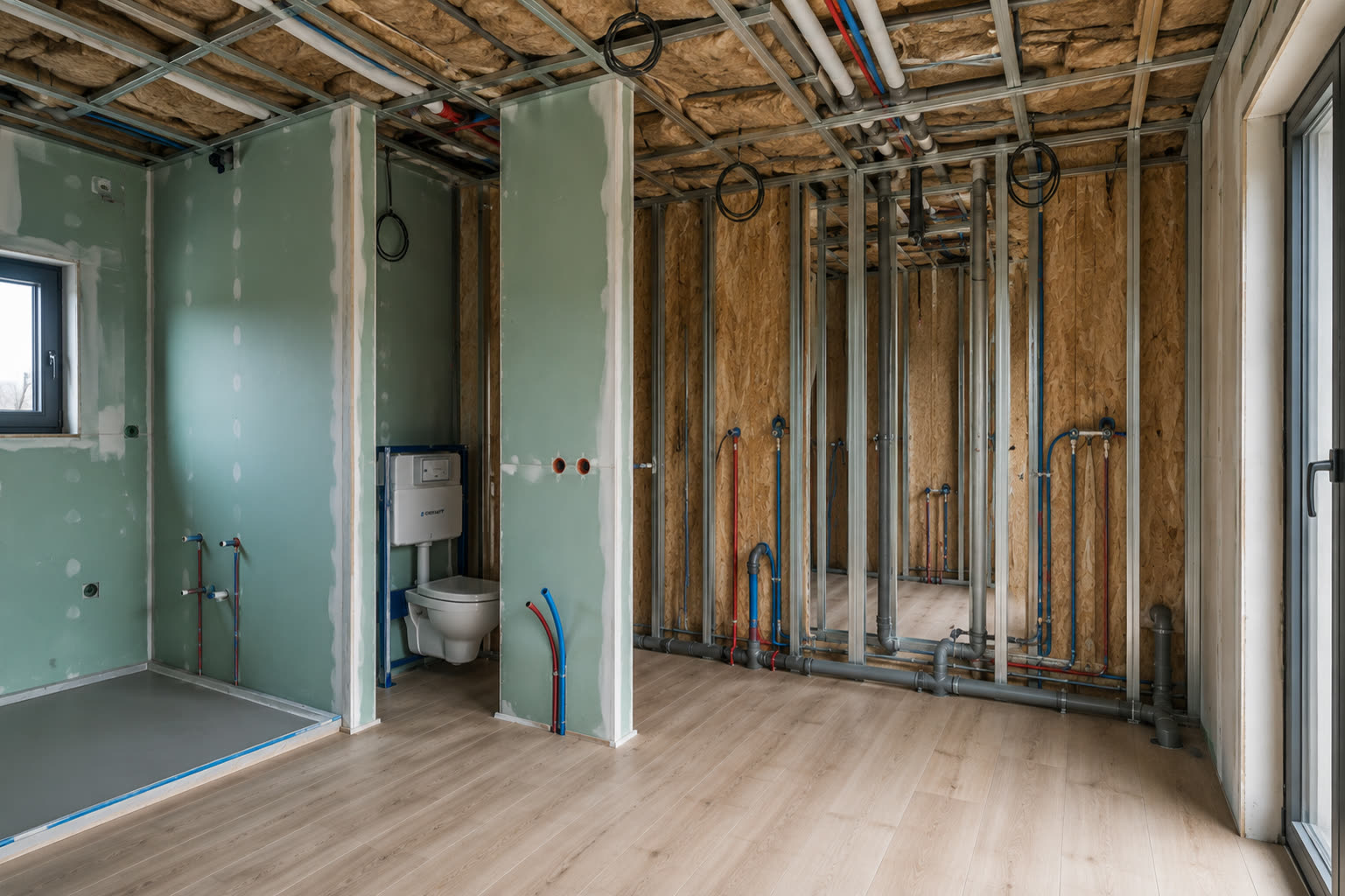 Salle d'eau en cours : réseaux cuivre et parois hydrofuges